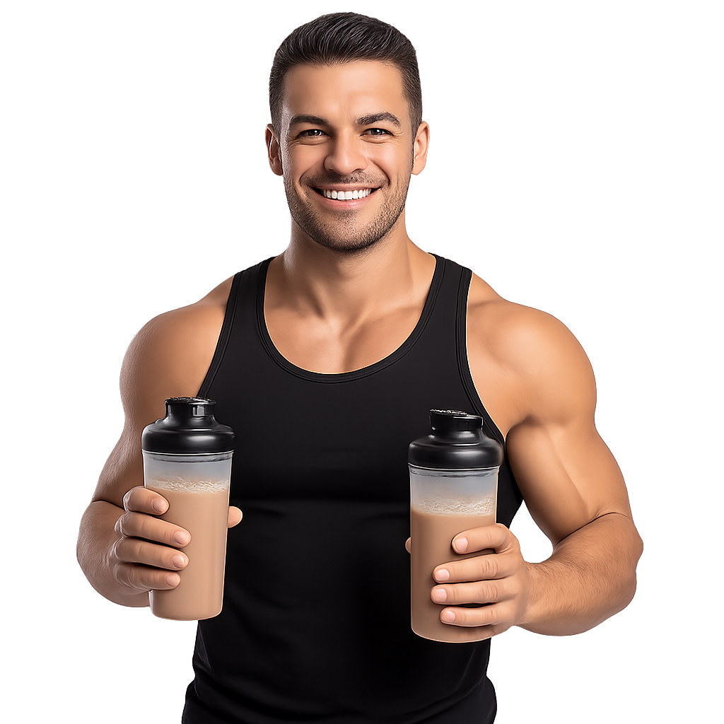 Muskulöser Mann mit 2 Proteinshakes Muskulöser Mann mit 2 Proteinshakes