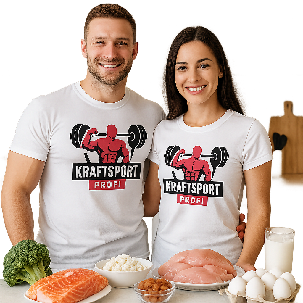 Fitness Pärchen mit eiweißreichen Lebensmitteln Fitness Pärchen mit eiweißreichen Lebensmitteln