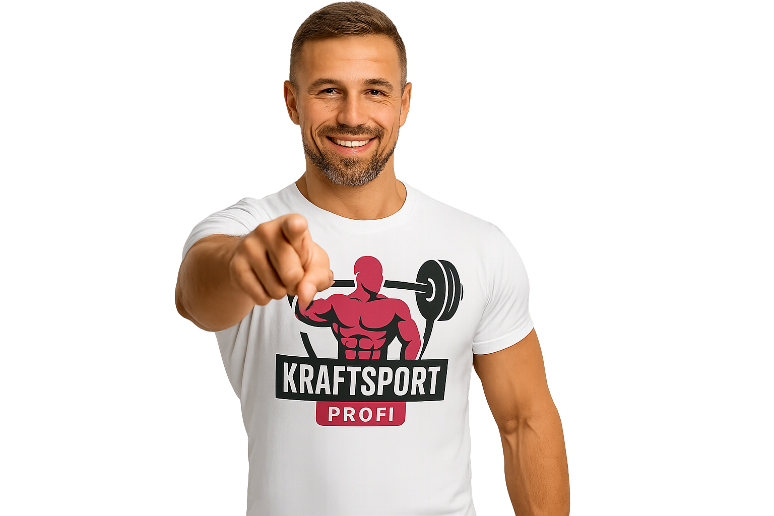 Kraftsport Profi zeigt mit Finger nach vorne
