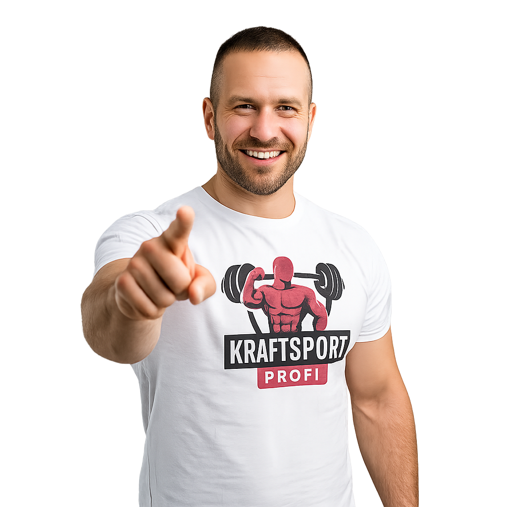 Kraftsport Profi zeigt mit Finger Kraftsport Profi zeigt mit Finger